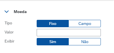 Configurações extras da seção Moeda