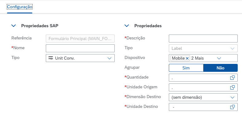 Campos obrigatórios da conversão de unidade
