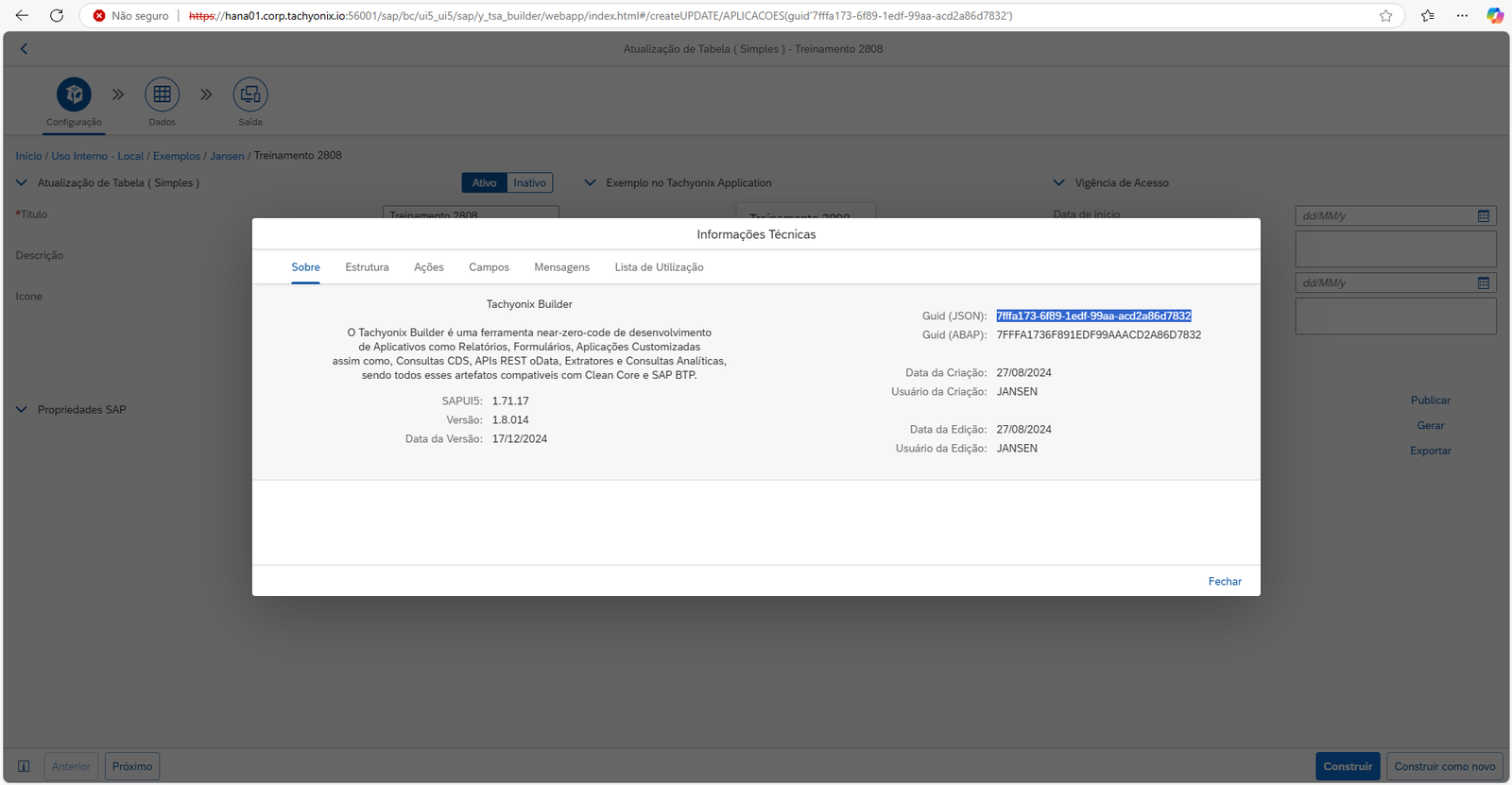 Diálogo Informações Técnicas com o campo GUID (JSON) em destaque