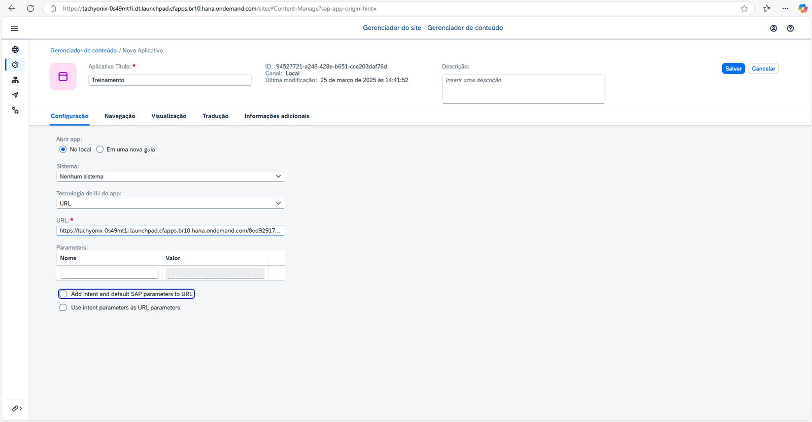 Aba Configuração com o campo URL preenchido e a opção Add intent desmarcada