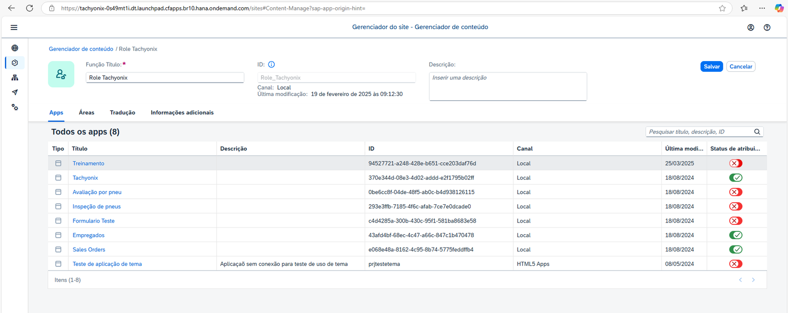 Lista de apps da Role com o interruptor de status de atribuição desligado