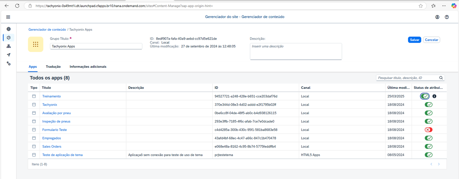 Interruptor de status do tile ligado (verde) no grupo